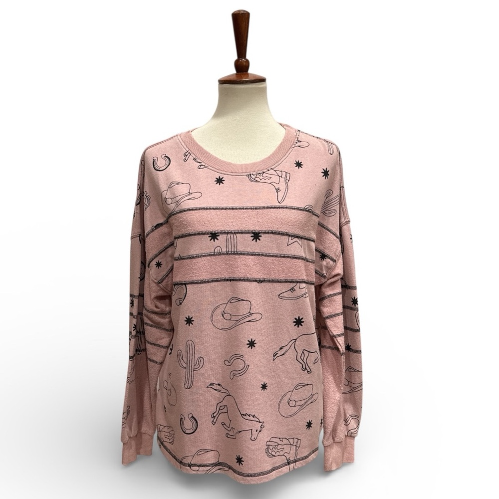 Easel Long Sleeve Western Print Terry Pullover Top New